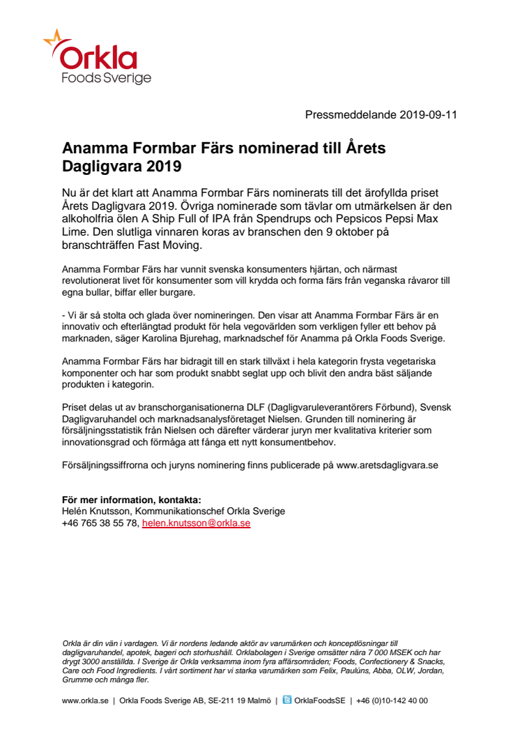 Anamma Formbar Färs nominerad till Årets Dagligvara 2019