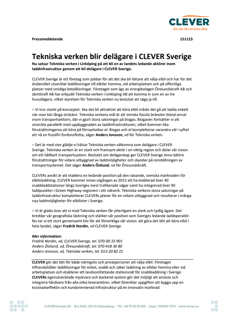 Tekniska verken blir delägare i CLEVER Sverige