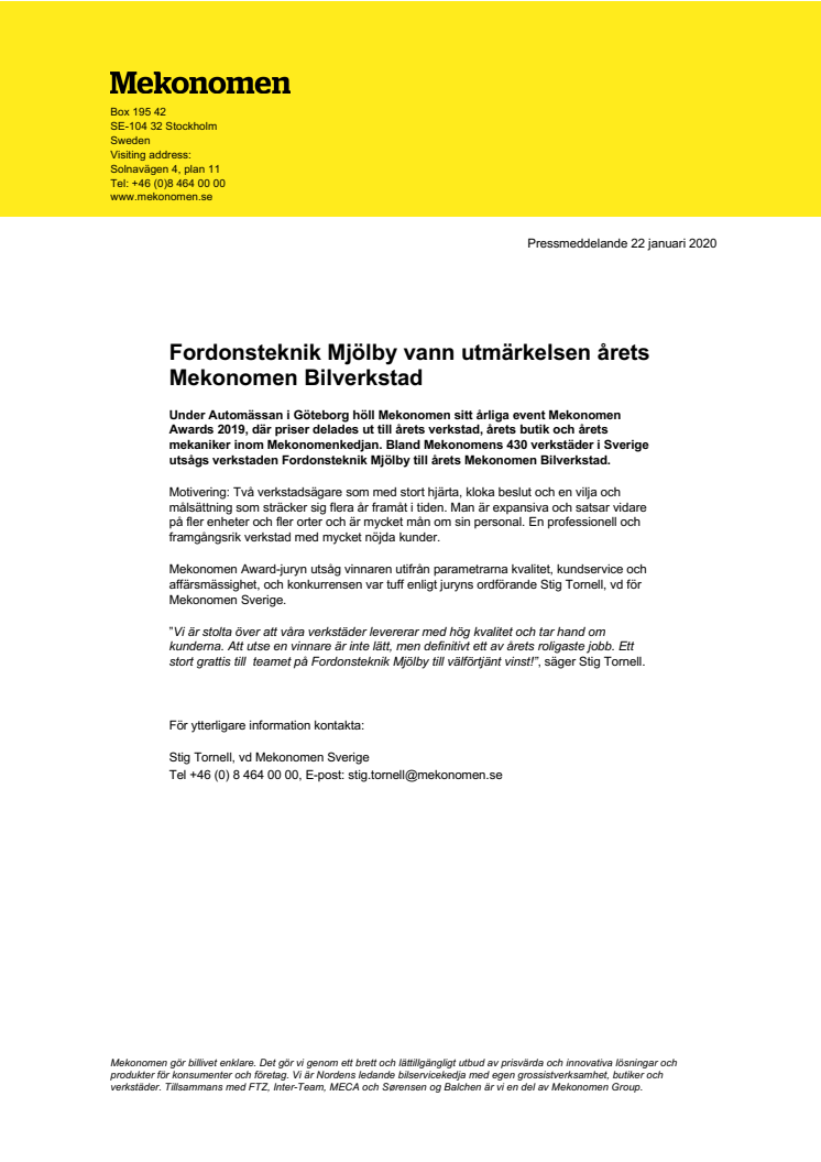Fordonsteknik Mjölby vann utmärkelsen årets Mekonomen Bilverkstad