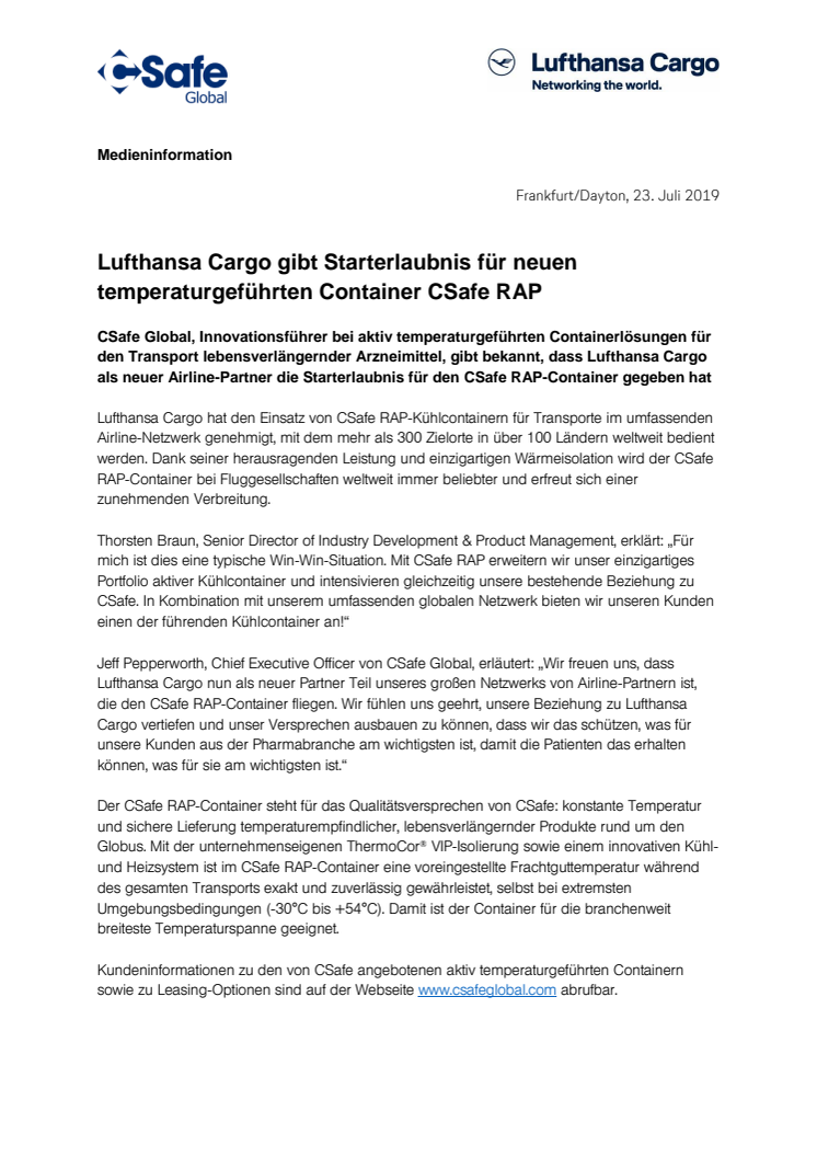 Lufthansa Cargo gibt Starterlaubnis für neuen temperaturgeführten Container CSafe RAP