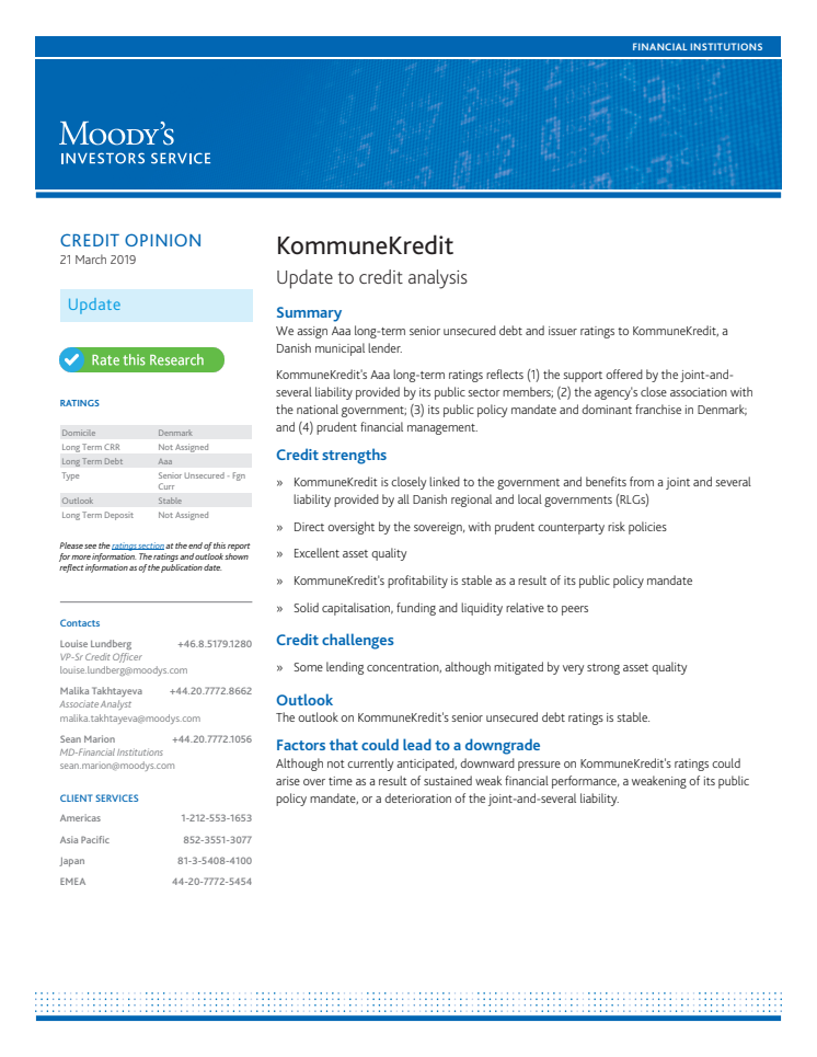 Moody's Credit Opinion dated 21 March 2019