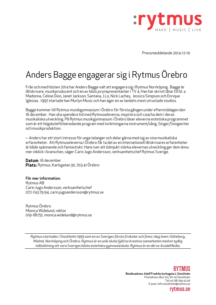 Anders Bagge engagerar sig i Rytmus Örebro