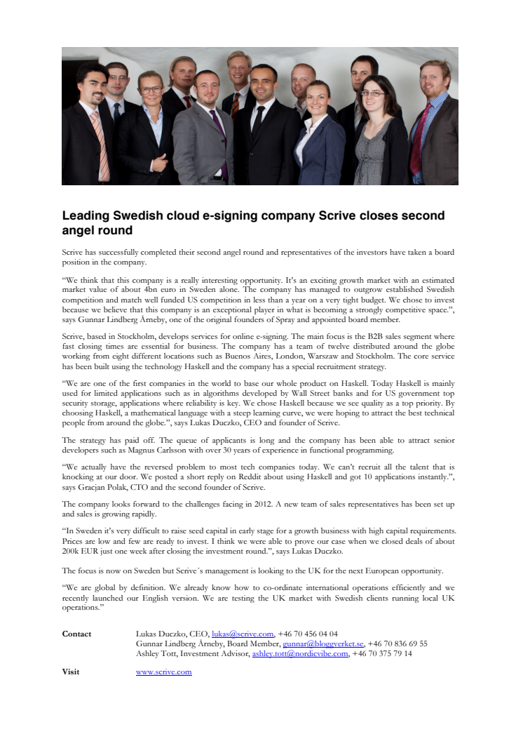 Leading Swedish cloud e-signing company Scrive closes second angel round 	