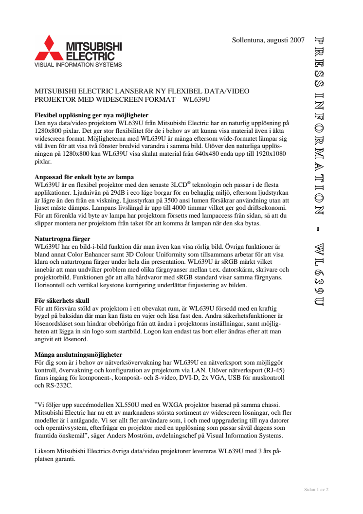 MITSUBISHI ELECTRIC LANSERAR NY FLEXIBEL DATA/VIDEO PROJEKTOR MED WIDESCREEN FORMAT – WL639U