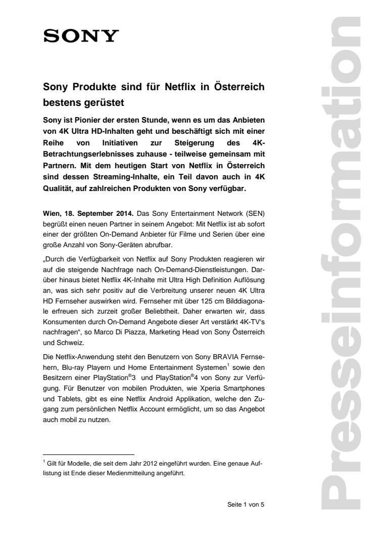 Pressemitteilung "Sony Produkte sind für Netflix in Österreich bestens gerüstet"