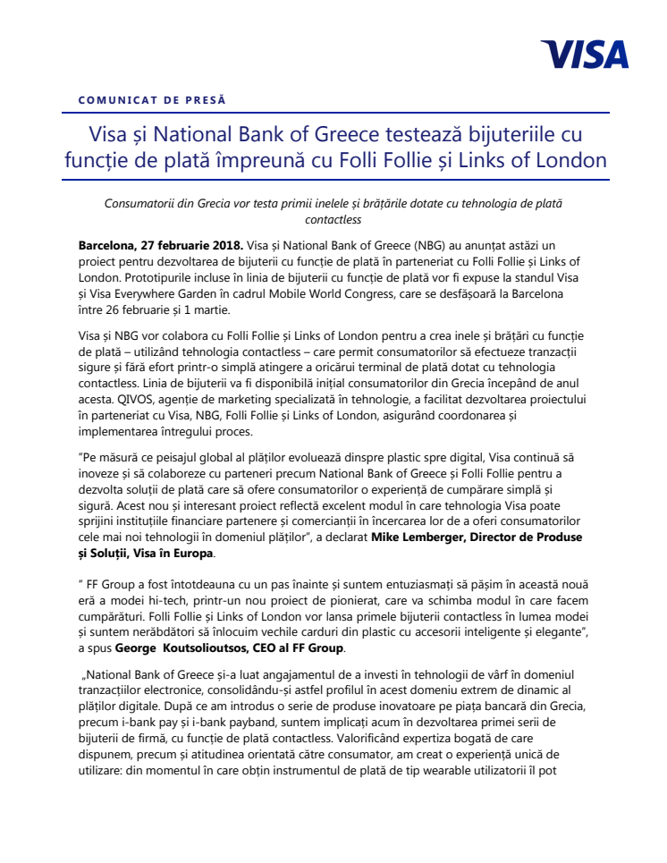 Visa și National Bank of Greece testează bijuteriile cu funcție de plată împreună cu Folli Follie și Links of London