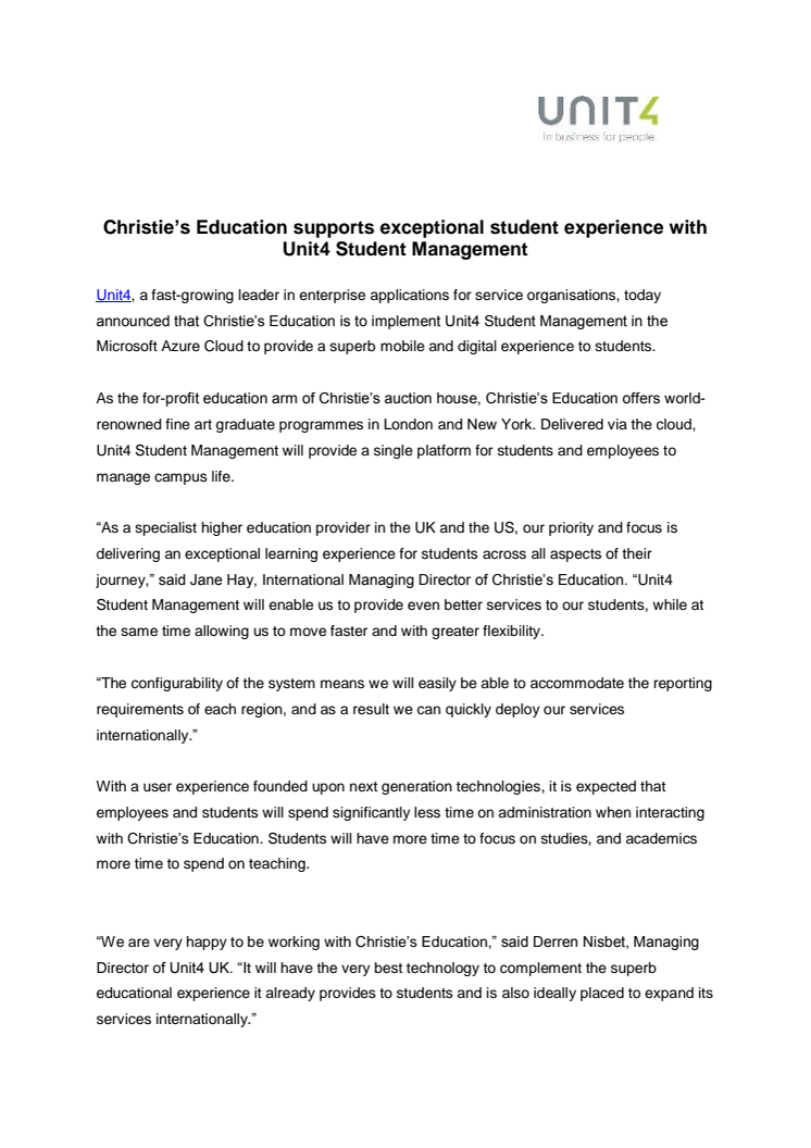 Konsthögskolan Christie’s Education väljer Unit4 Student Management  - vill ge studenter en högkvalitativ mobil och digital upplevelse