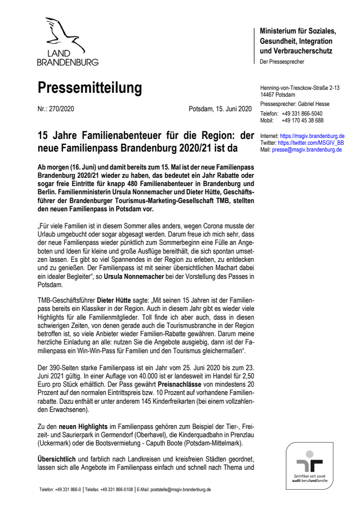 ​15 Jahre Familienabenteuer für die Region: der neue Familienpass Brandenburg 2020/21 ist da