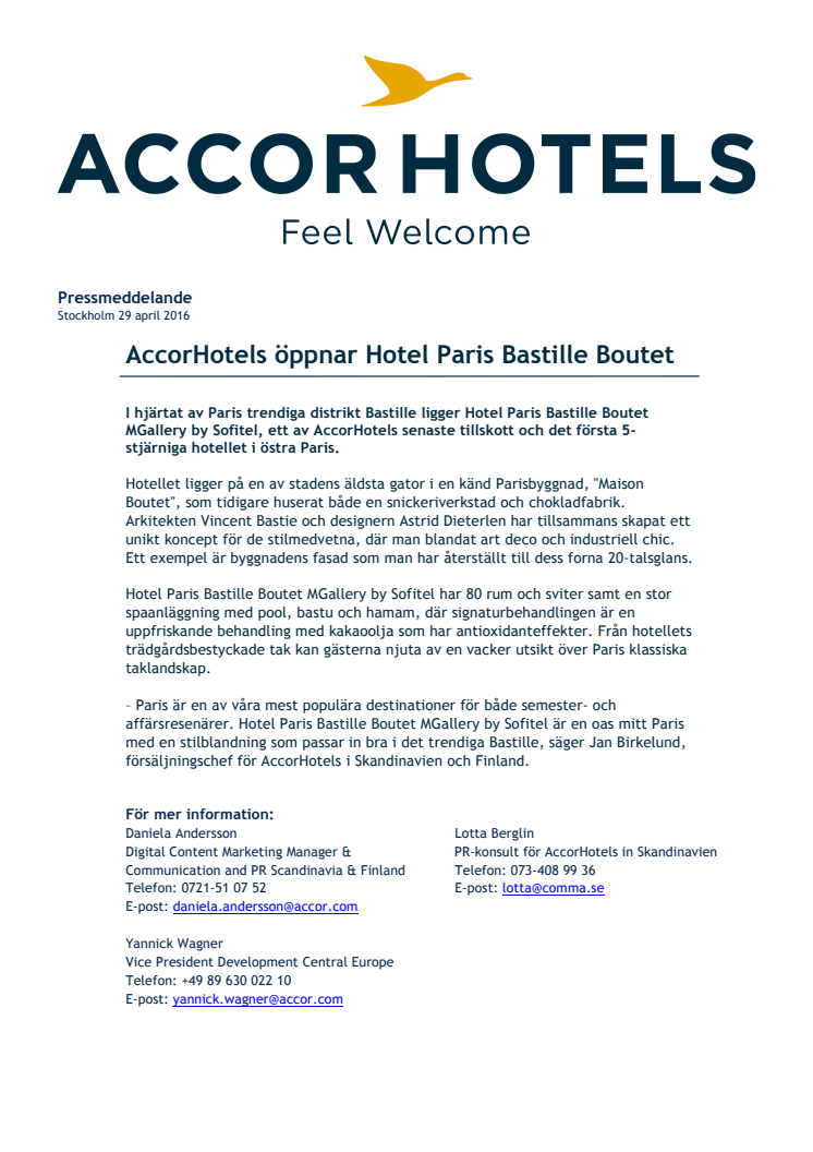 AccorHotels öppnar Hotel Paris Bastille Boutet