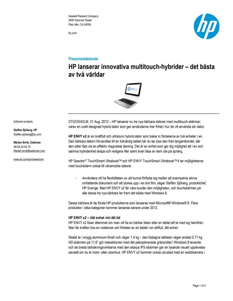 HP lanserar innovativa multitouch-hybrider – det bästa av två världar