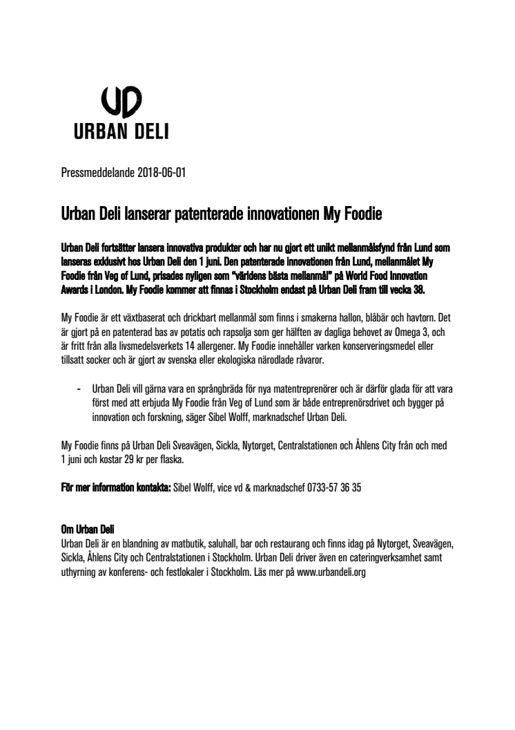 Urban Deli lanserar patenterade innovationen My Foodie