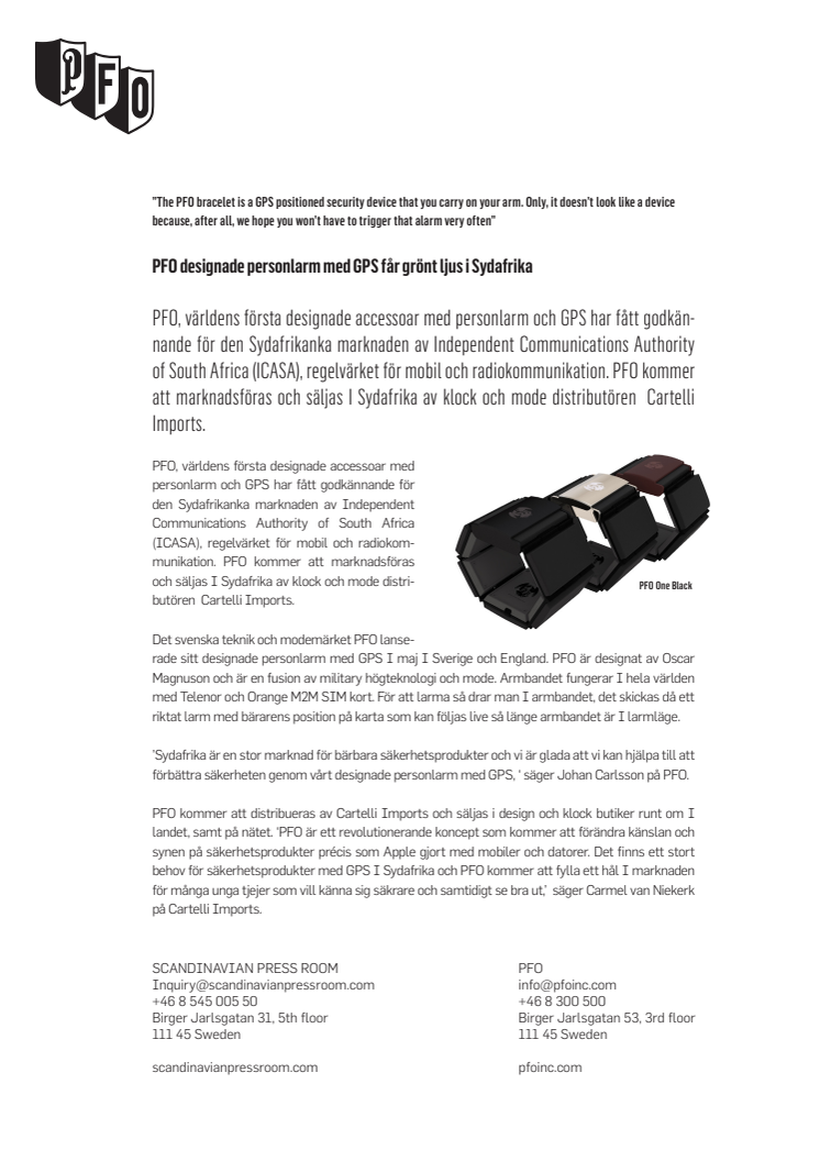 PFO designade personlarm med GPS får grönt ljus i Sydafrika
