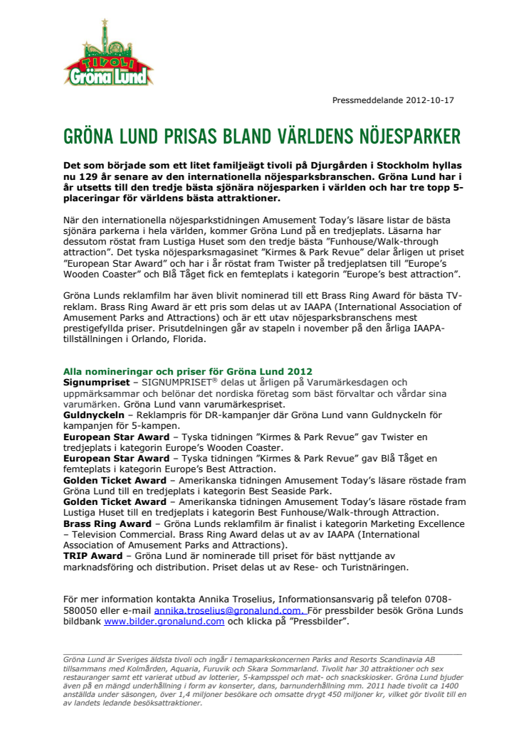 Gröna Lund prisas bland världens nöjesparker