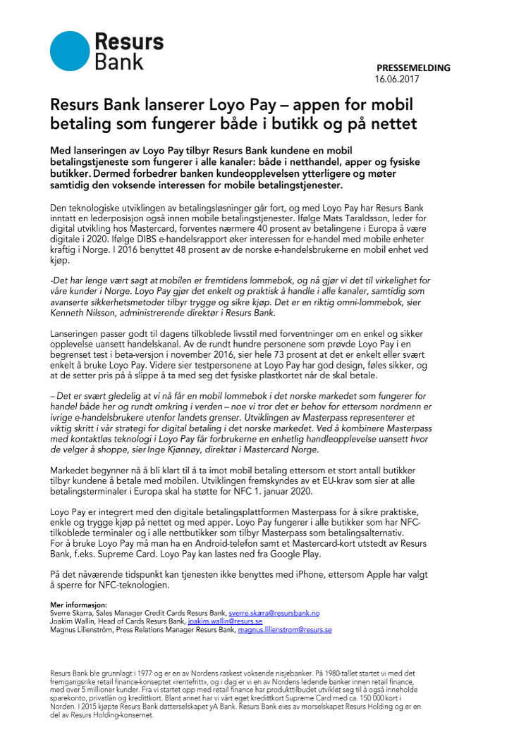 Resurs Bank lanserer Loyo Pay – appen for mobil betaling som fungerer både i butikk og på nettet 