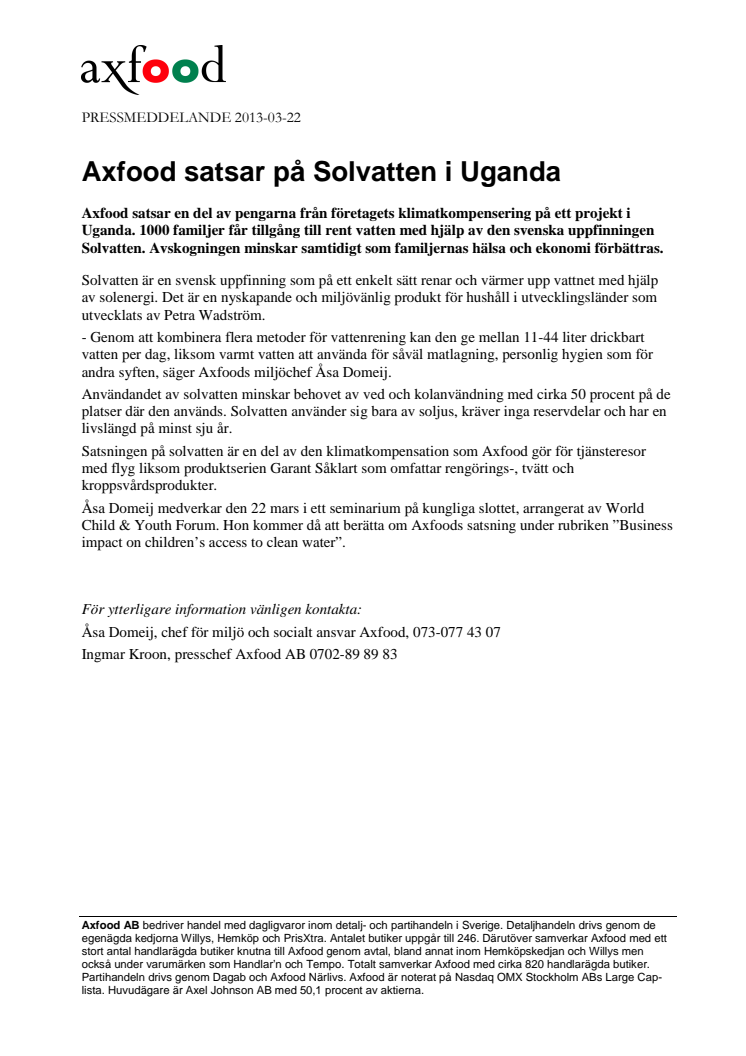 Axfood satsar på Solvatten i Uganda