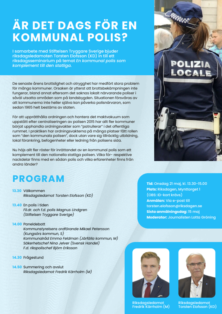 Inbjudan till riksdagseminarium om en kommunal polis