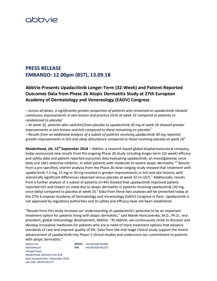 AbbVie Presents Upadacitinib Longer-Term (32-Week) and Patient-Reported Outcomes Data from Phase 2b Atopic Dermatitis Study at 27th European Academy of Dermatology and Venereology (EADV) Congress