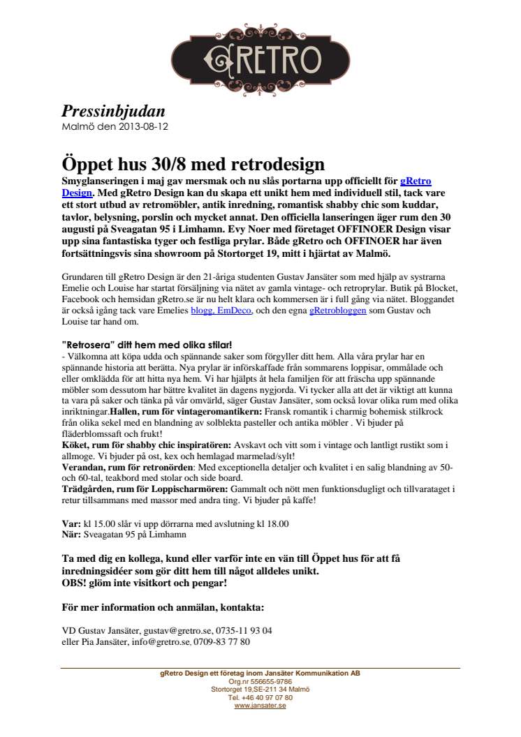 PRESSINBJUDAN: Öppet hus 30/8 med retrodesign