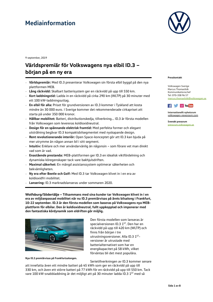 Världspremiär för Volkswagens nya elbil ID.3 – starten på en ny era