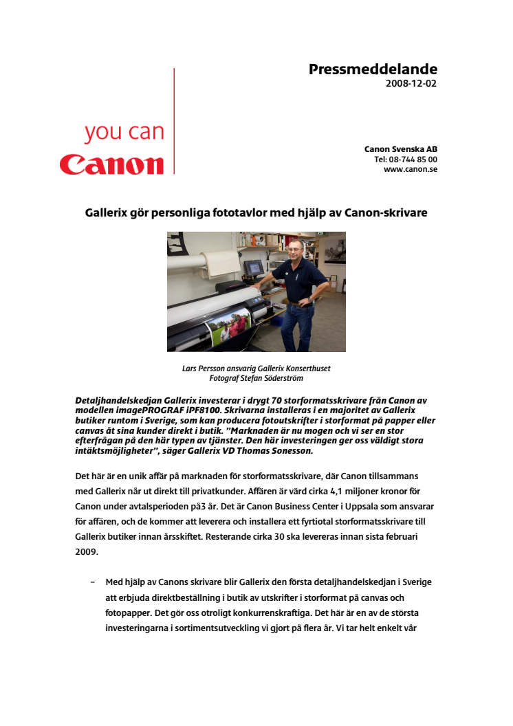 Pressmeddelande: Gallerix gör personliga fototavlor med hjälp av Canon-skrivare 