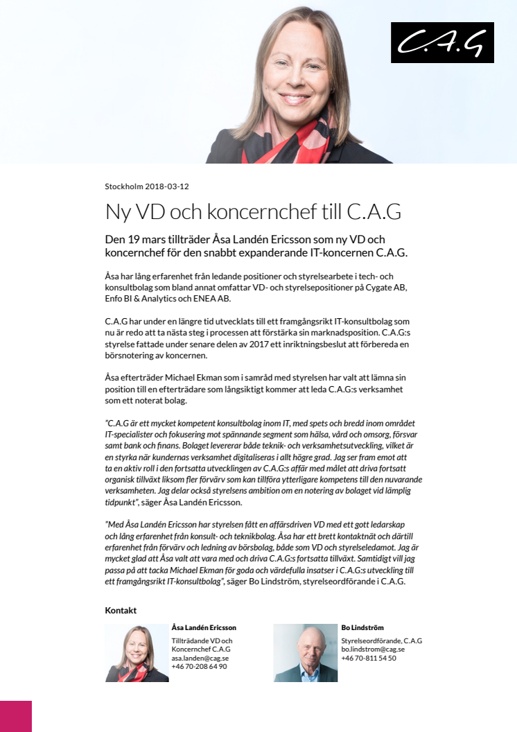 Ny VD och koncernchef till C.A.G 