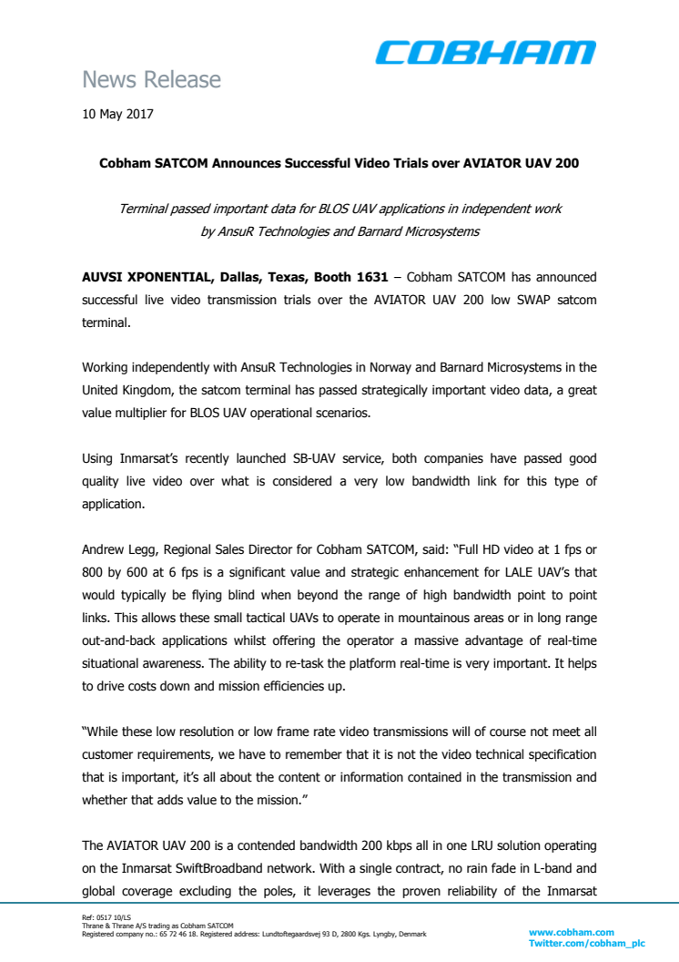 Cobham SATCOM Announces Successful Video Trials over AVIATOR UAV 200