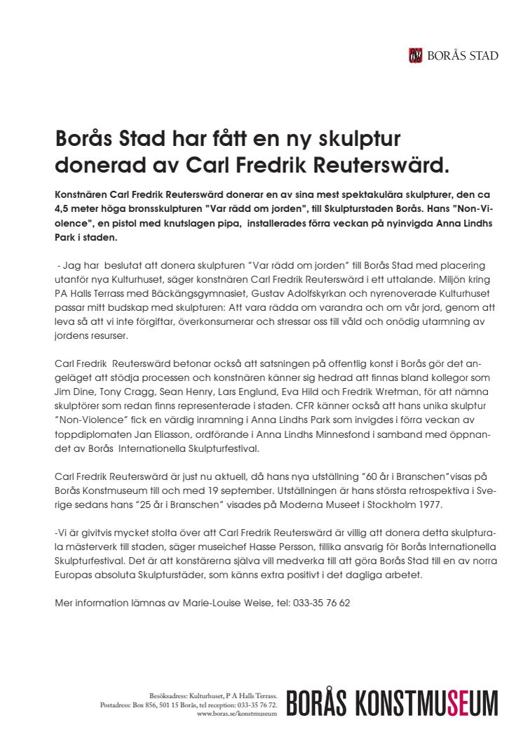 Reuterswärd donerar ny skulptur till skulpturstaden Borås!