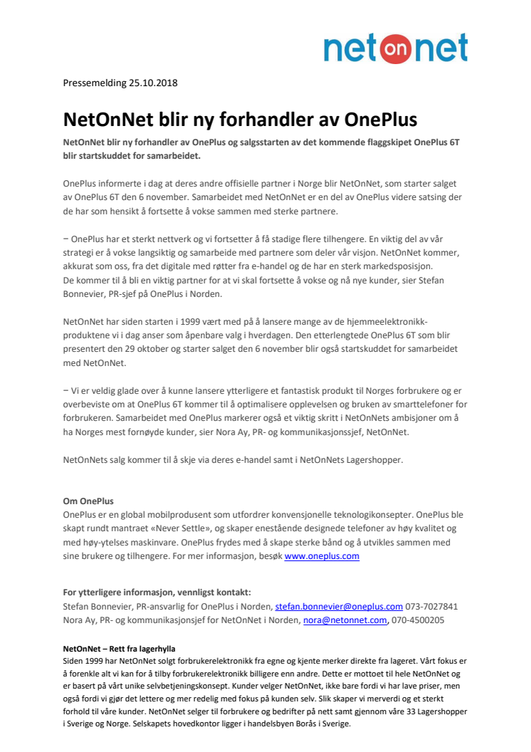 NetOnNet blir ny forhandler av OnePlus