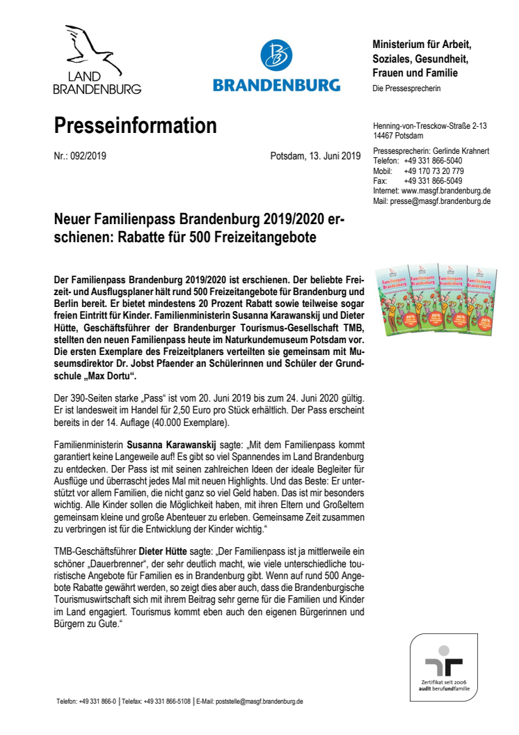 Neuer Familienpass Brandenburg 2019/2020 erschienen: Rabatte für 500 Freizeitangebote