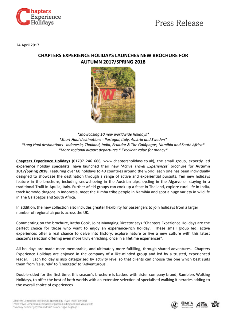 CHAPTERS EXPERIENCE HOLIDAYS LAUNCHES NEW BROCHURE FOR AUTUMN 2017/SPRING 2018