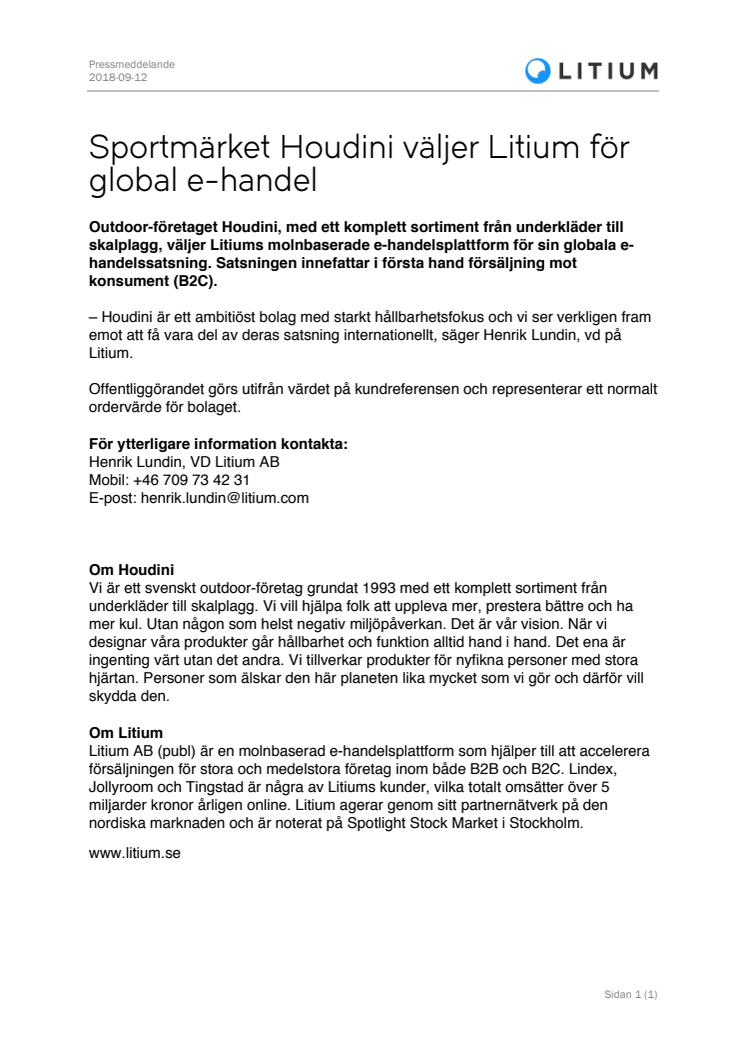 Sportmärket Houdini väljer Litium för global e-handel
