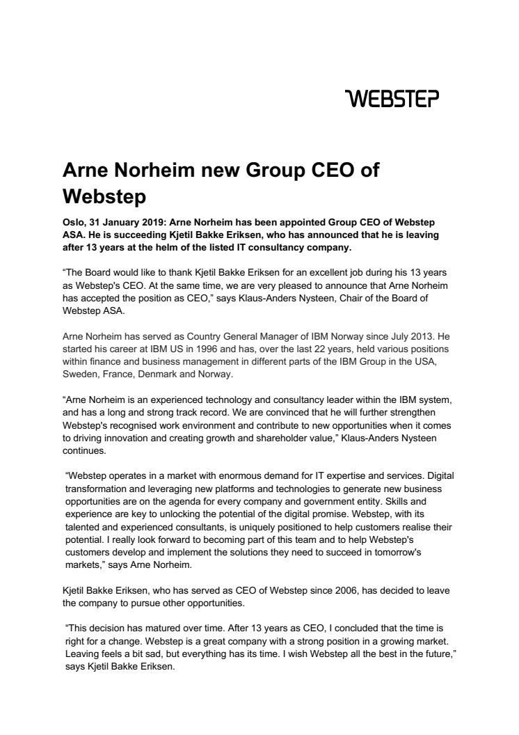 Arne Norheim new Group CEO of Webstep