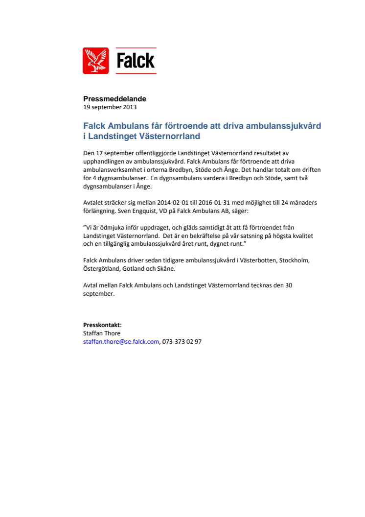 Falck Ambulans får förtroende att driva ambulanssjukvård i Landstinget Västernorrland
