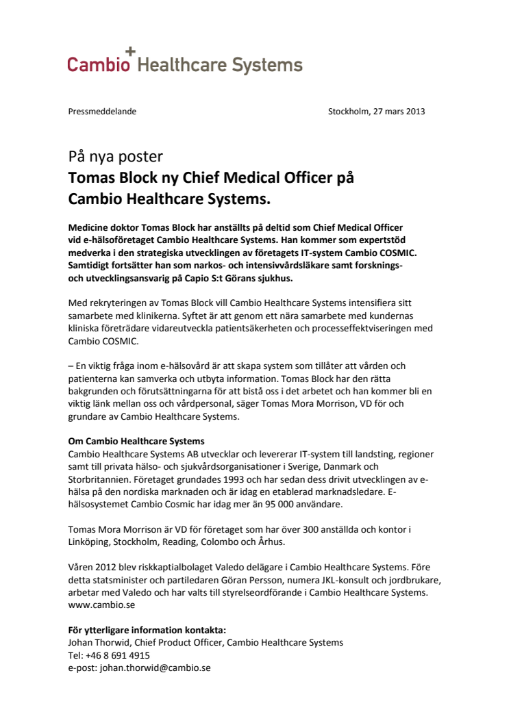 Tomas Block ny Chief Medical Officer på Cambio Healthcare Systems