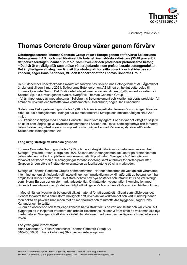 Thomas Concrete Group växer genom förvärv 