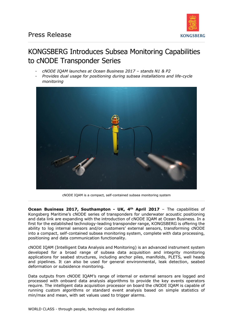 Kongsberg Maritime - Ocean Business 2017: KONGSBERG Introduces Subsea Monitoring Capabilities to cNODE Transponder Series