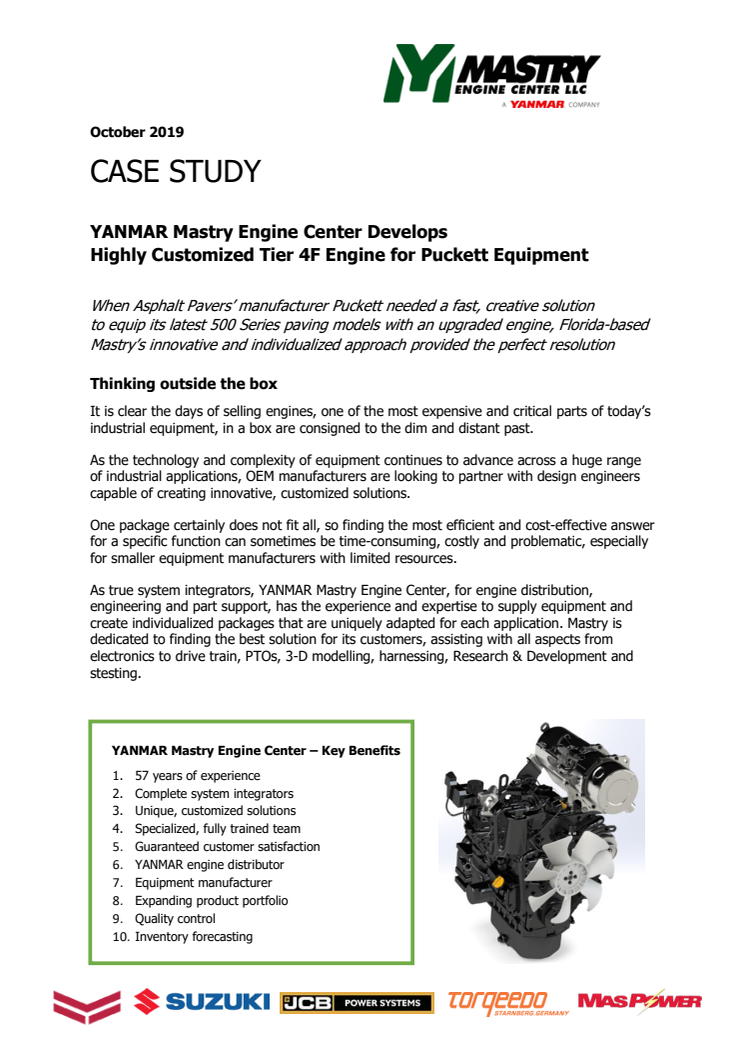 Case Study - YANMAR Mastry Engine Center Develops Highly Customized Tier 4F Engine for Puckett Equipment