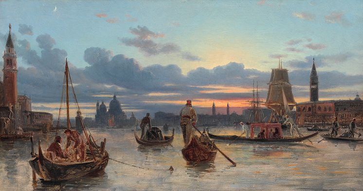 Wilhelm Marstrand- Livlig trafik på Canal Grande efter solen er gået ned. Usigneret. Olie på lærred. 29 x 54.