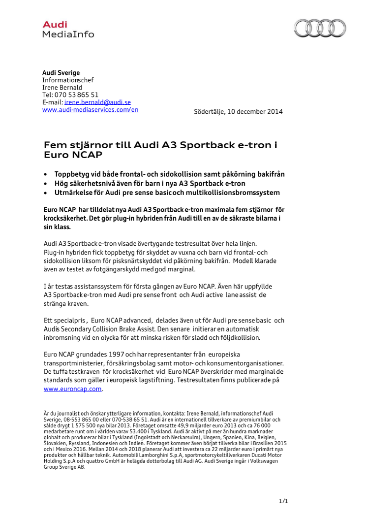 Fem stjärnor till Audi A3 Sportback e-tron i Euro NCAP