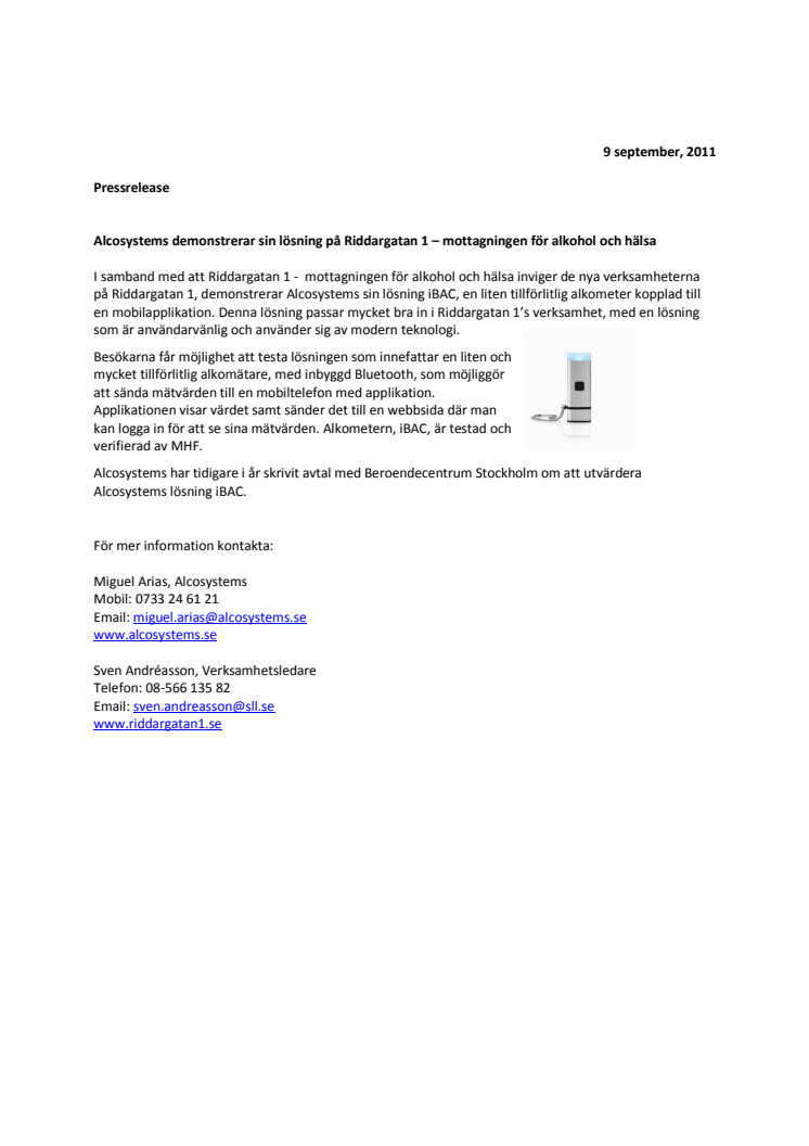 Alcosystems demonstrerar sin lösning på Riddargatan 1 – mottagningen för alkohol och hälsa