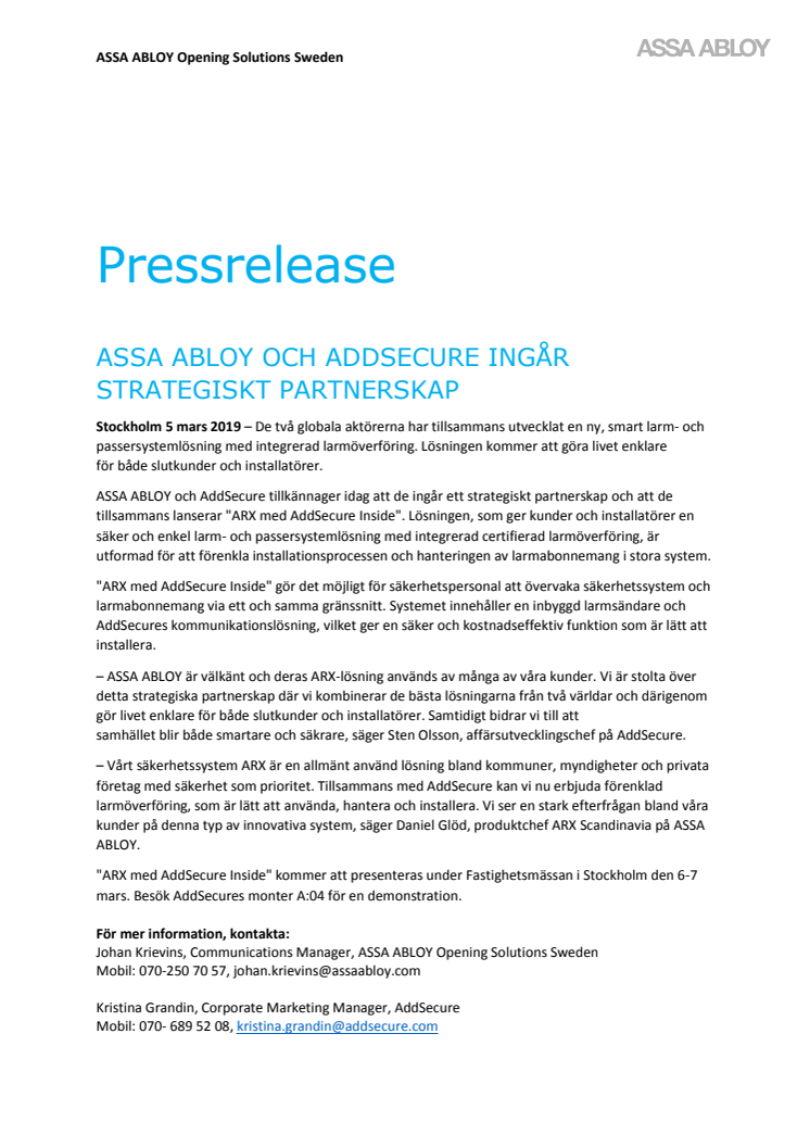ASSA ABLOY och AddSecure ingår strategiskt partnerskap
