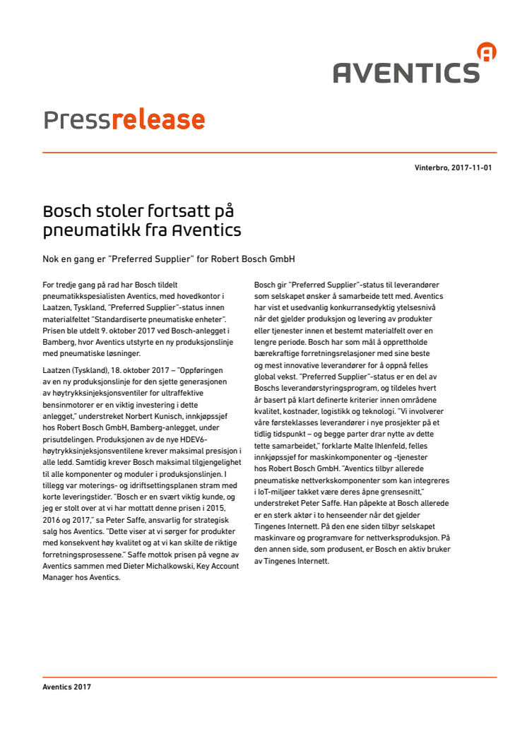 Bosch stoler fortsatt på  pneumatikk fra Aventics
