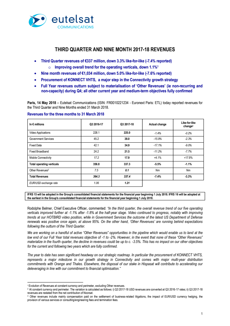 EUTELSAT COMMUNICATIONS THIRD QUARTER AND NINE MONTH 2017-18 REVENUES