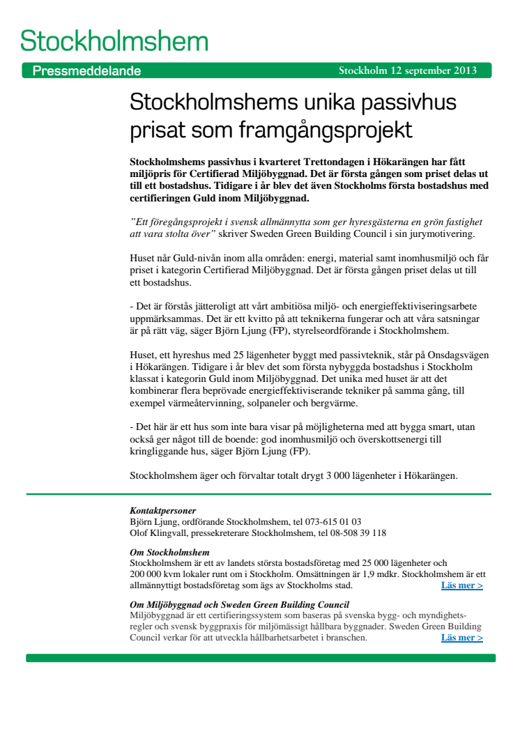 Stockholmshems unika passivhus prisat som föregångsprojekt
