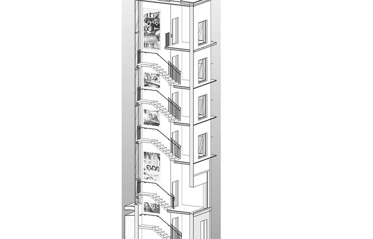 Illustration från skissförslag ”NE JOTKA TULIVAT - ME JOTKA JÄIMME  DOM SOM KOM - VI SOM BLEV” av Lisa Juntunen Roos. Bilden illustrerar ett av uppdragets två trapphus..jpg