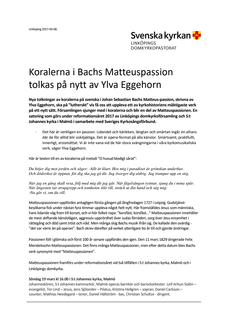 Koralerna i Bachs Matteuspassion tolkas på nytt av Ylva Eggehorn