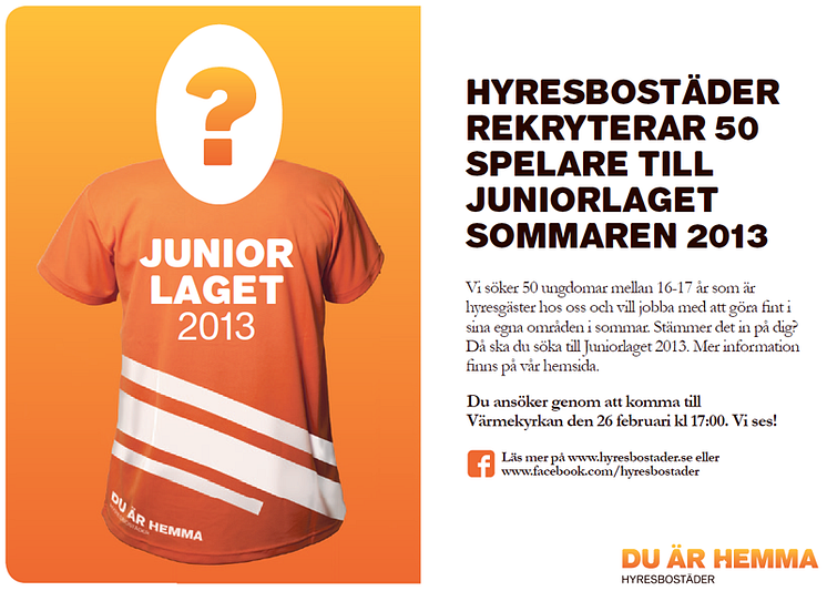 Vi söker 50 spelare till Juniorlaget sommaren 2013.