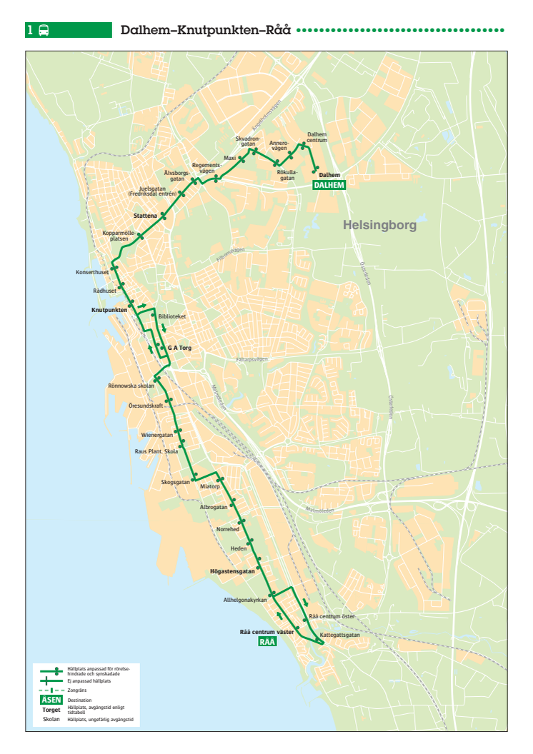 Stadsbuss linje 1 i Helsingborg - karta och tidtabell - 13 augusti 2017