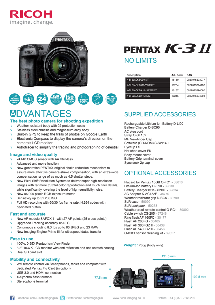 Pentax K-3 II, specifikationer