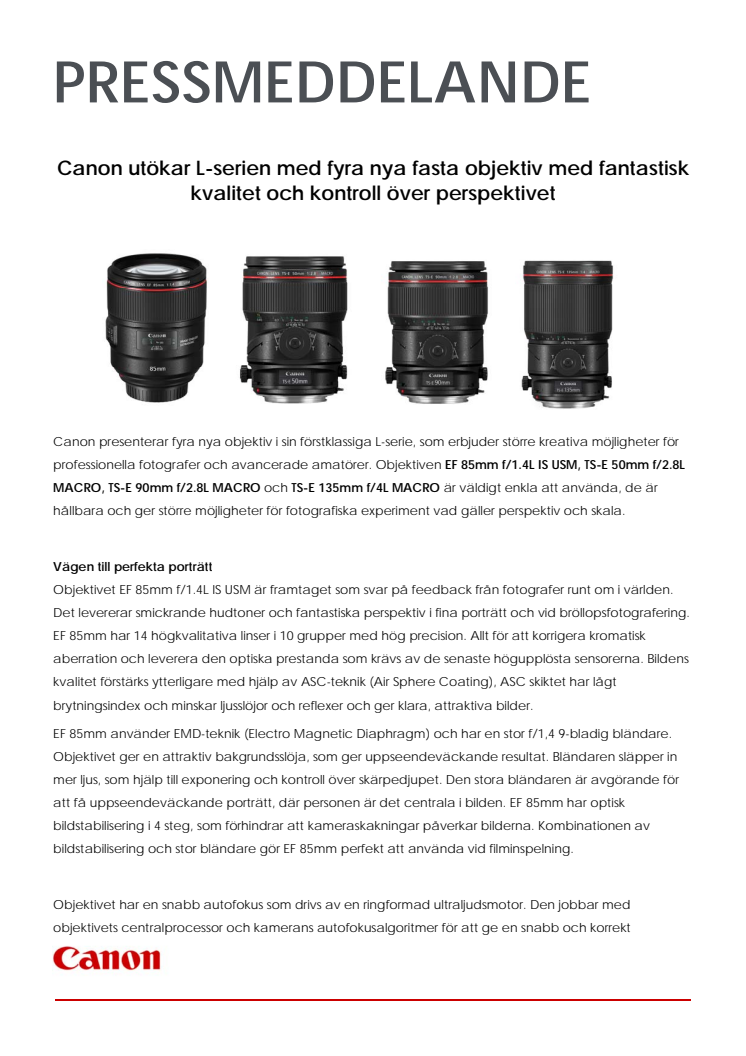 Canon utökar L-serien med fyra nya fasta objektiv med fantastisk kvalitet och kontroll över perspektivet